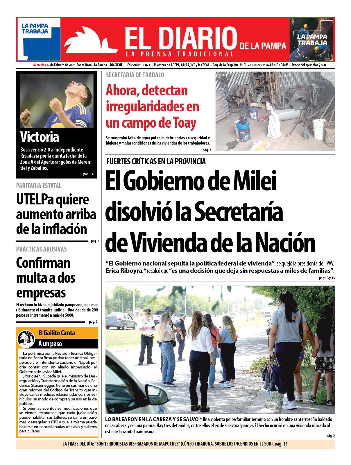 Tapa de El Diario en papel  mieacutercoles 12 de febrero de 2025